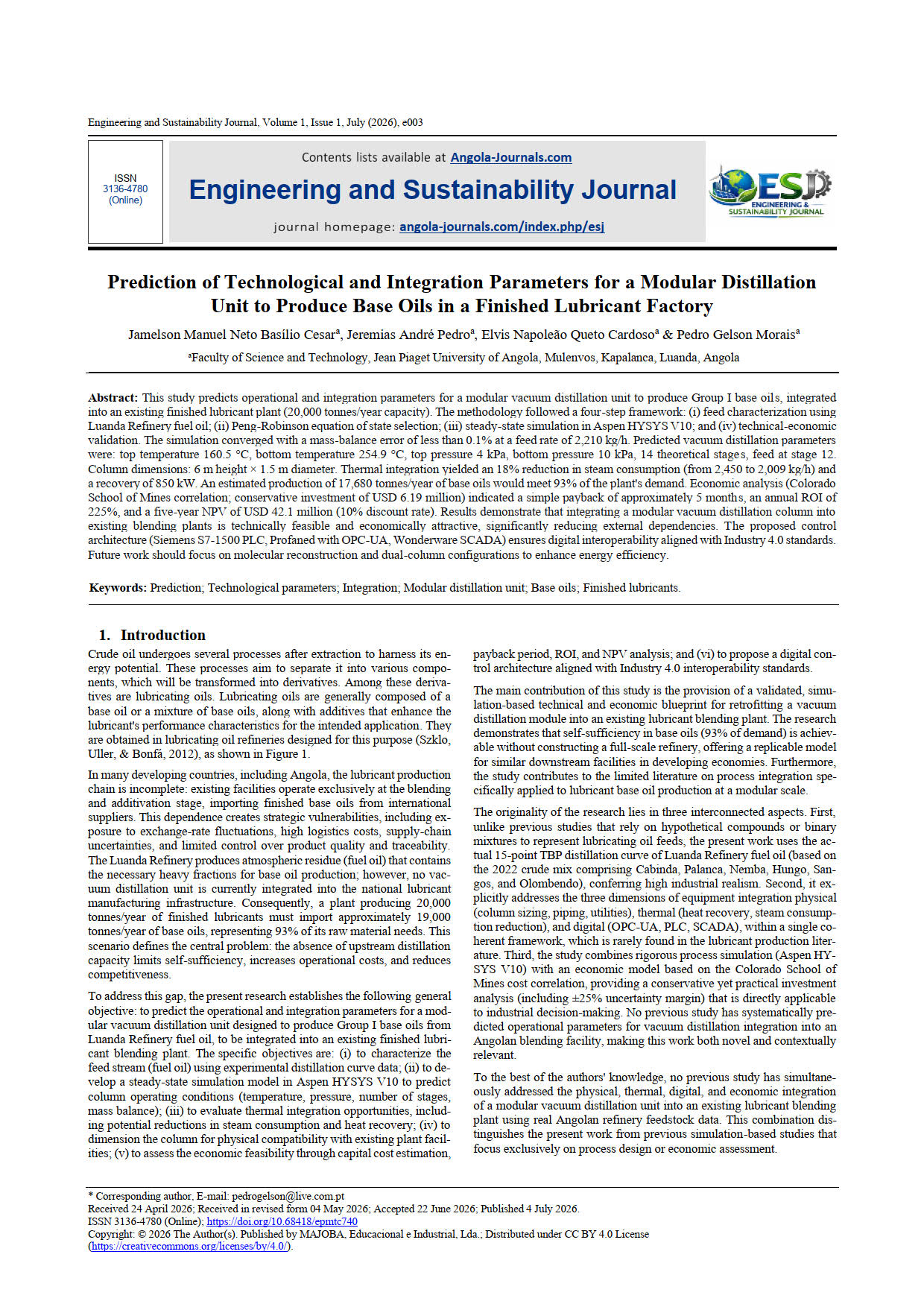 Prediction of Technological and Integration Parameters for a Modular Distillation  Unit to Produce Base Oils