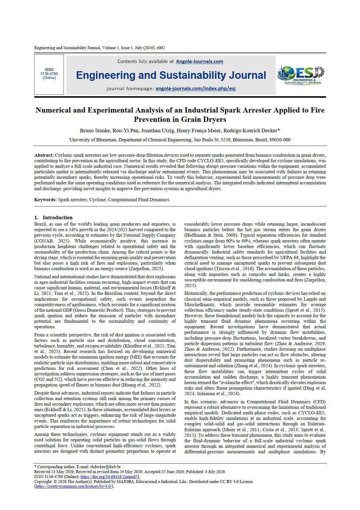 Numerical and Experimental Analysis of an Industrial Spark Arreste