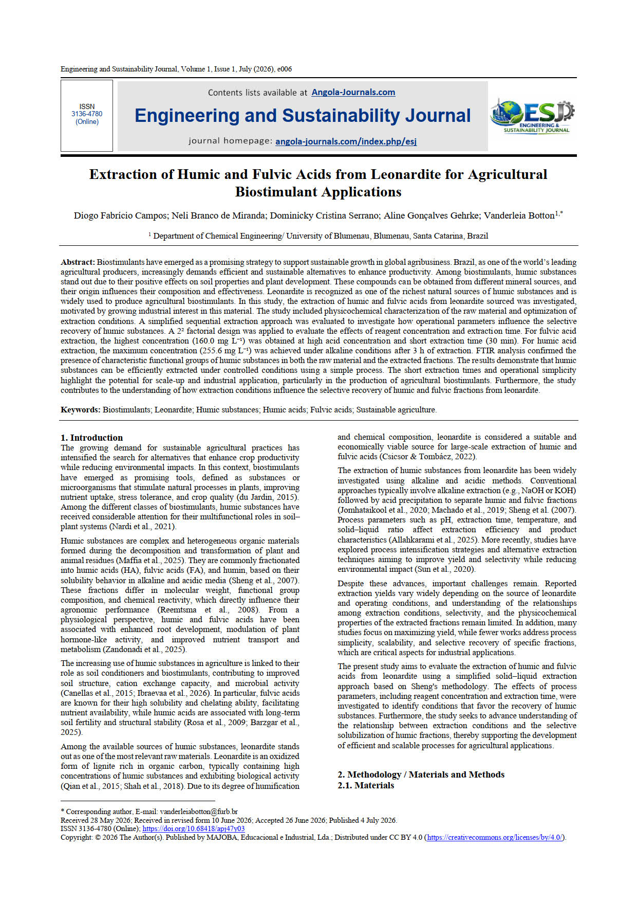 Extraction of Humic and Fulvic Acids from Leonardite for Agricultural